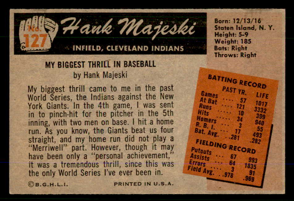 1955 Bowman Baseball #127 Hank Majeski Indians EX-MT 559159