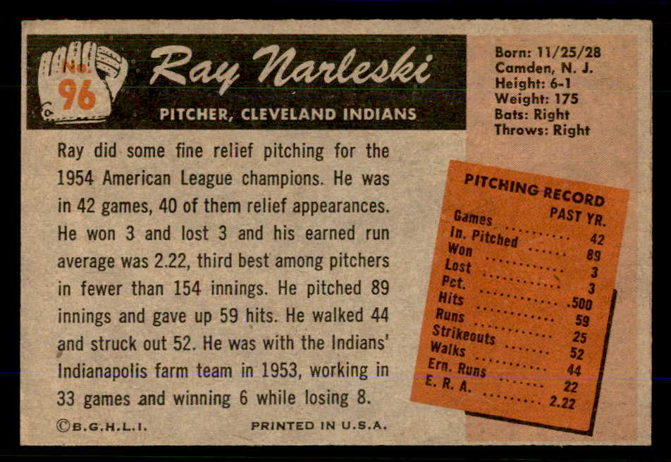 1955 Bowman Baseball #096 Ray Narleski Indians NR-MT 559163