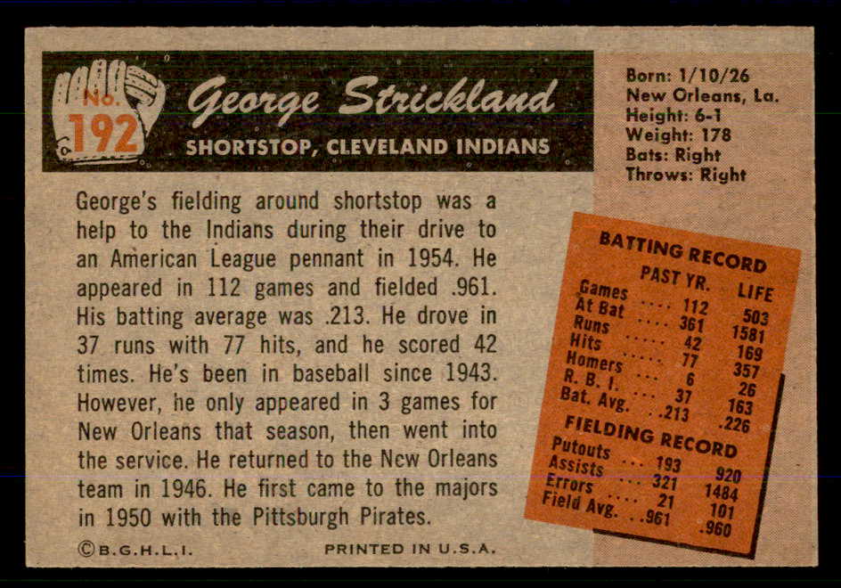 1955 Bowman Baseball #192 George Strickland Indians NR-MT 559167