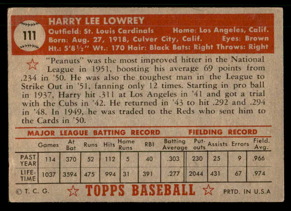 1952 Topps Baseball #111 Peanuts Lowrey Cardinals VG-EX 559209
