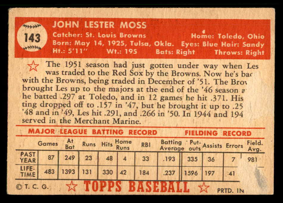 1952 Topps Baseball #143 Les Moss Browns VG 559218