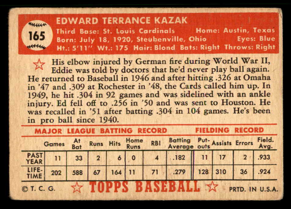 1952 Topps Baseball #165 Eddie Kazak Cardinals VG 559220