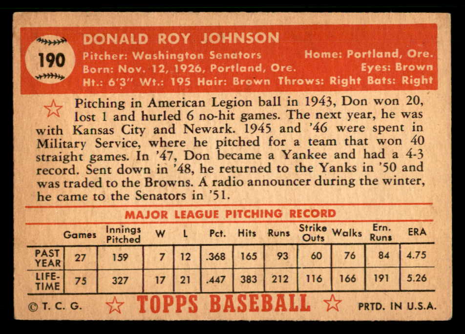 1952 Topps Baseball #190 Don Johnson Senators VG-EX 559226