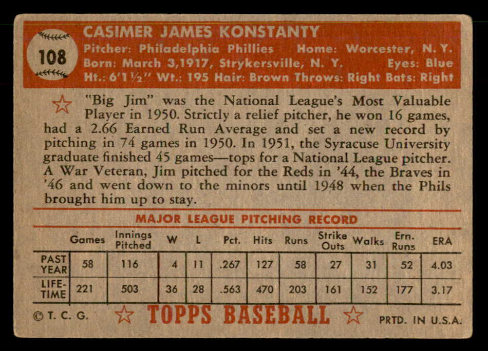 1952 Topps Baseball #108 Jim Konstanty Phillies VG-EX 559249