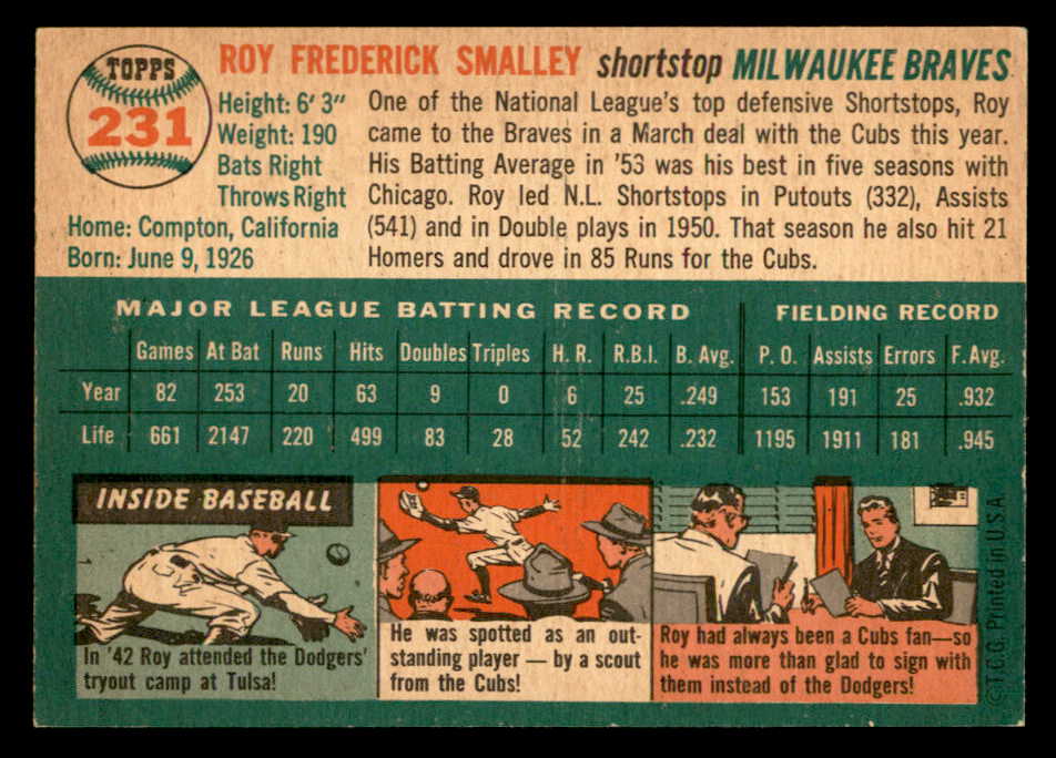 1954 Topps Baseball #231 Roy Smalley Braves NR-MT 559266