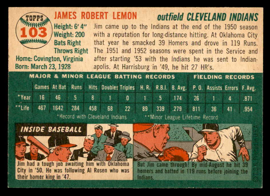 1954 Topps Baseball #103 Jim Lemon Indians NR-MT 559267