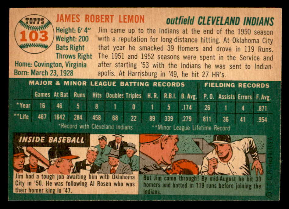 1954 Topps Baseball #103 Jim Lemon Indians EX-MT 559271