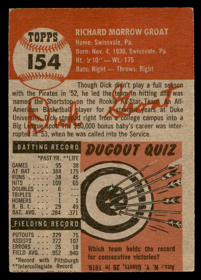 1953 Topps Baseball #154 Dick Groat Pirates EX 559276