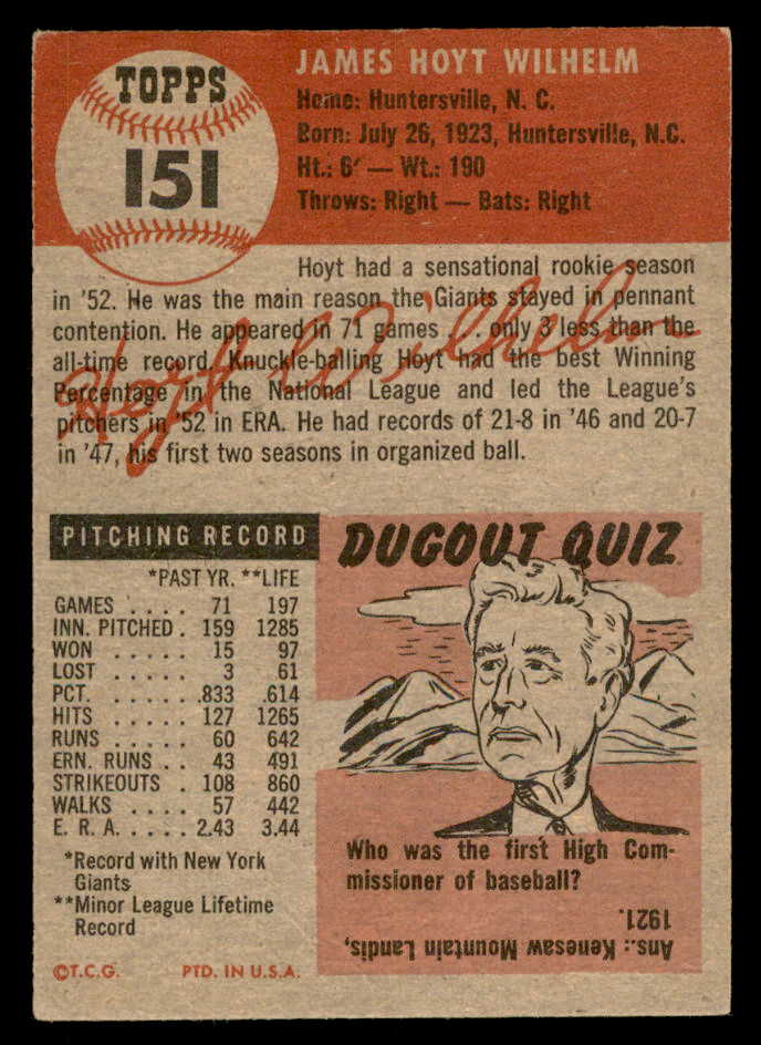 1953 Topps Baseball #151 Hoyt Wilhelm Giants VG-EX 559279
