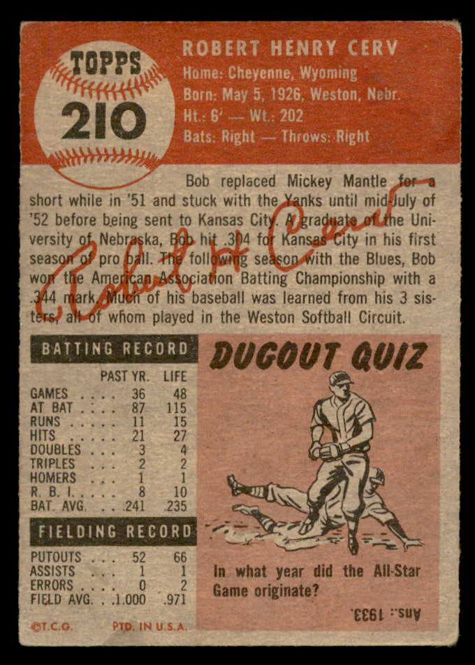 1953 Topps Baseball #210 Bob Cerv Yankees Good 559282