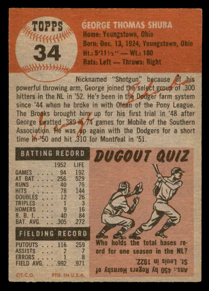 1953 Topps Baseball #034 George Shuba Dodgers EX-MT 559284