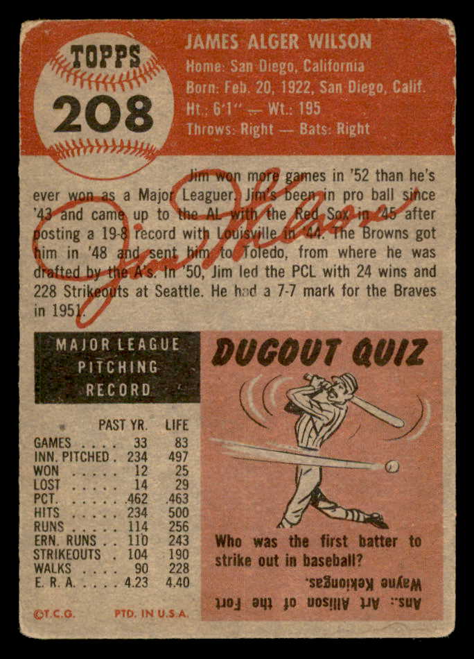 1953 Topps Baseball #208 Jim Wilson Braves VG-EX 559287