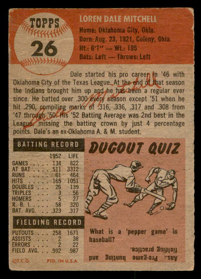 1953 Topps Baseball #026 Dale Mitchell Indians VG-EX 559292
