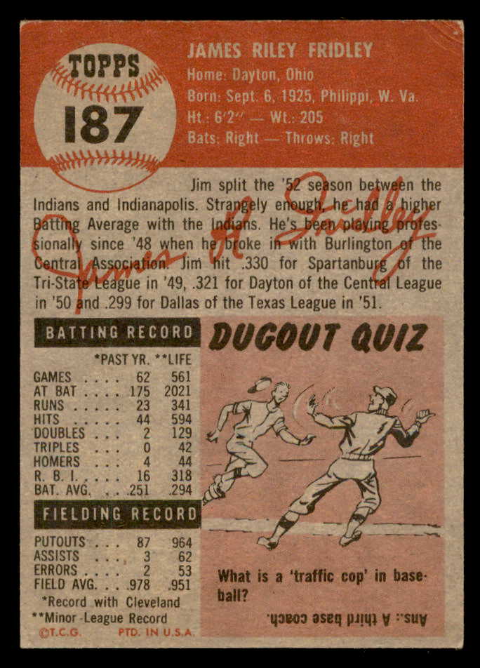 1953 Topps Baseball #187 Jim Fridley Indians VG-EX 559297