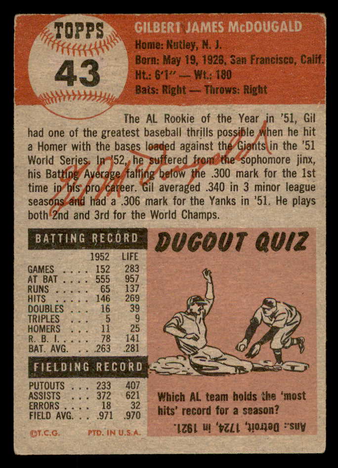 1953 Topps Baseball #043 Gil McDougald Yankees EX+/EX-MT 559298