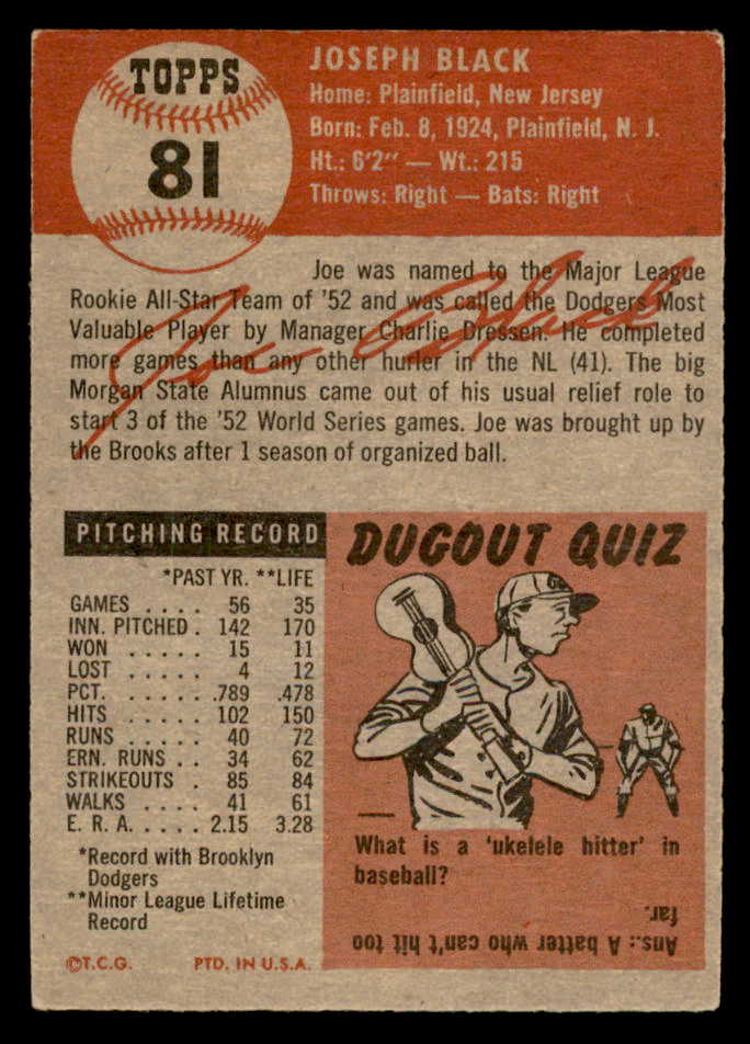 1953 Topps Baseball #081 Joe Black Dodgers EX+/EX-MT 559301