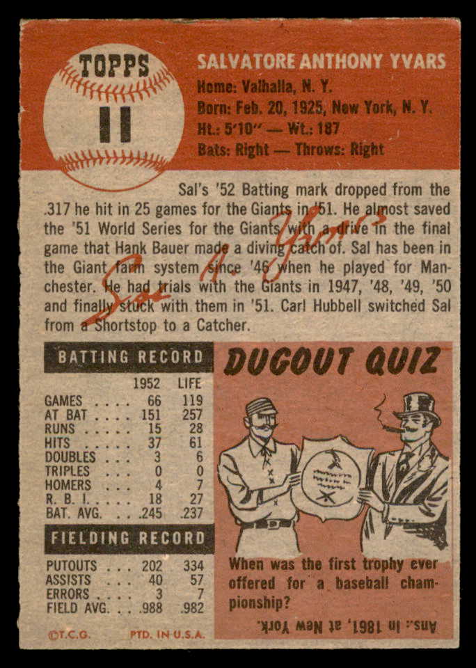 1953 Topps Baseball #011 Sal Yvars Giants EX-MT 559305