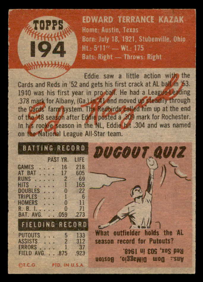 1953 Topps Baseball #194 Eddie Kazak Tigers EX-MT 559306