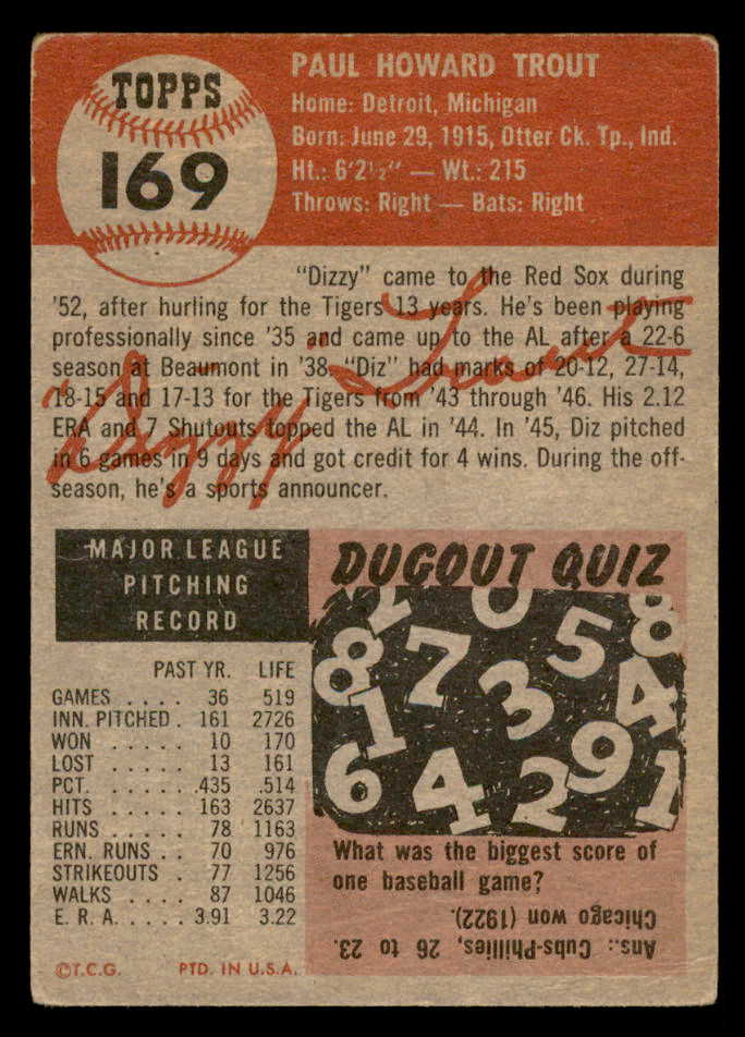 1953 Topps Baseball #169 Dizzy Trout Red Sox GD-VG 559309
