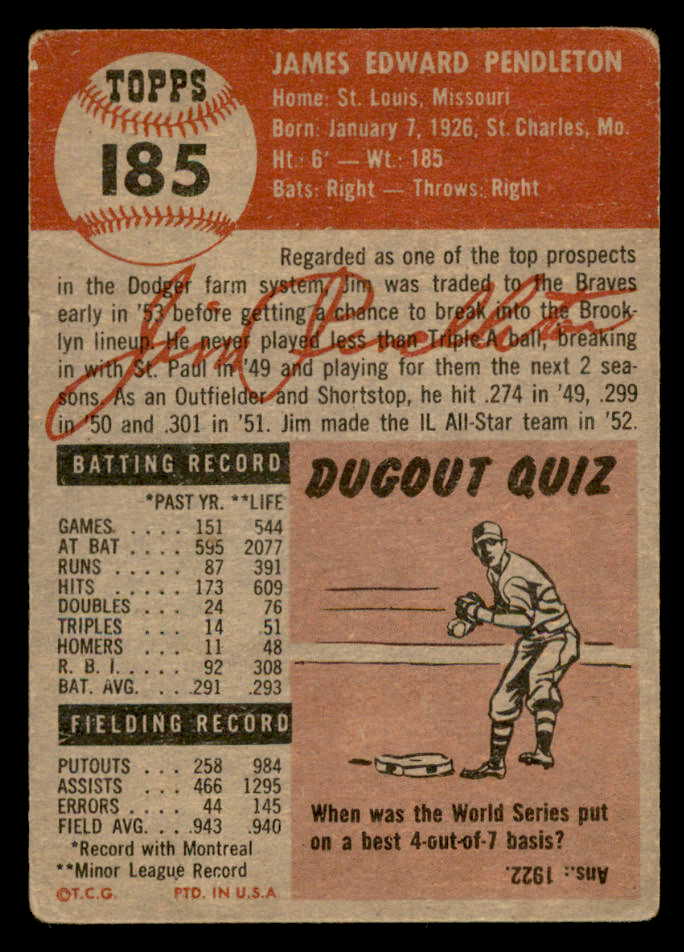 1953 Topps Baseball #185 Jim Pendleton Braves Good 559312