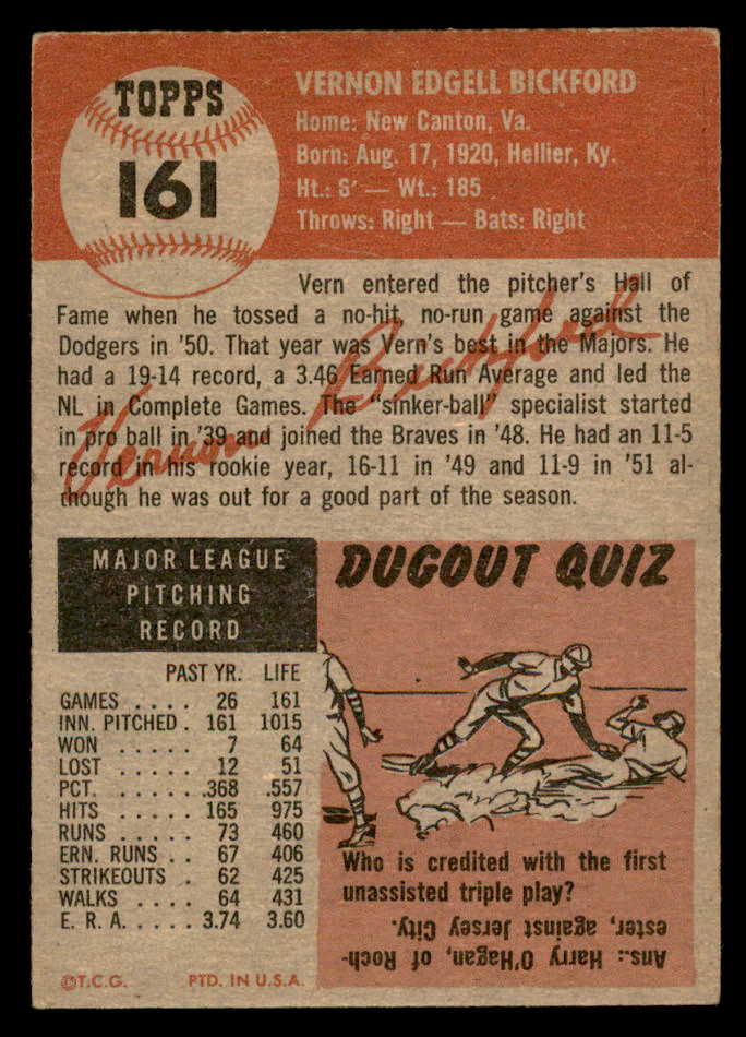 1953 Topps Baseball #161 Vern Bickford Braves EX+/EX-MT 559315