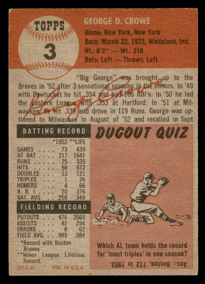 1953 Topps Baseball #003 George Crowe Braves EX-MT 559319