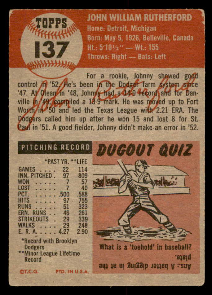 1953 Topps Baseball #137 John Rutherford Dodgers VG-EX 559327