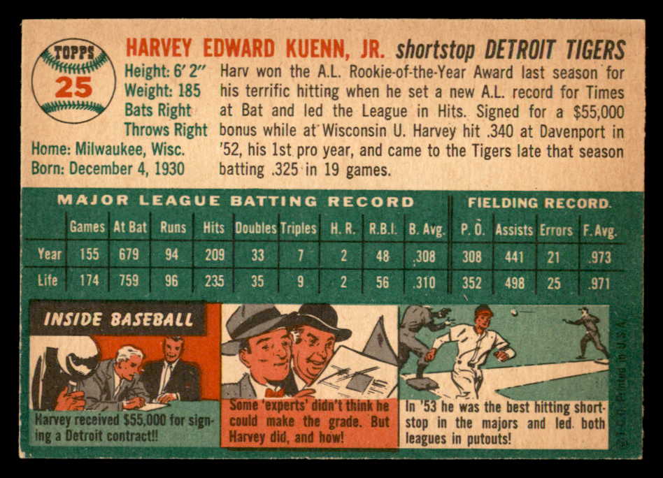 1954 Topps Baseball #025 Harvey Kuenn Tigers EX-MT/NR-MT 559335