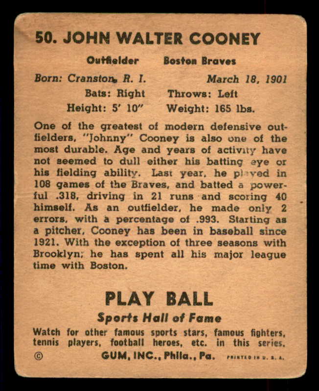 1941 Play Ball #050 Johnny Cooney Braves GD-VG 559512