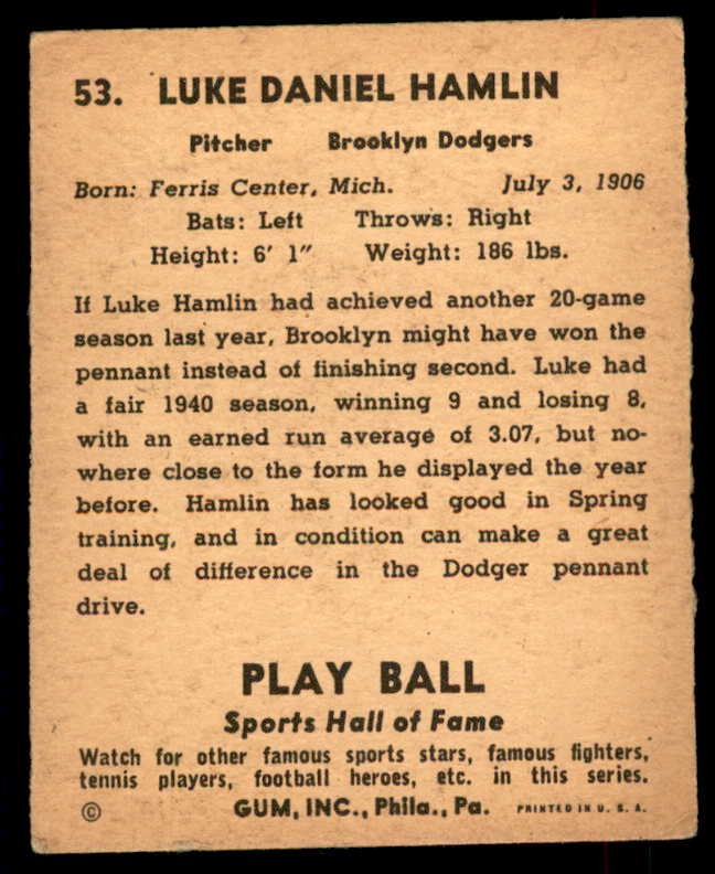 1941 Play Ball #053 Luke Hamlin Dodgers Good trimmed 559514
