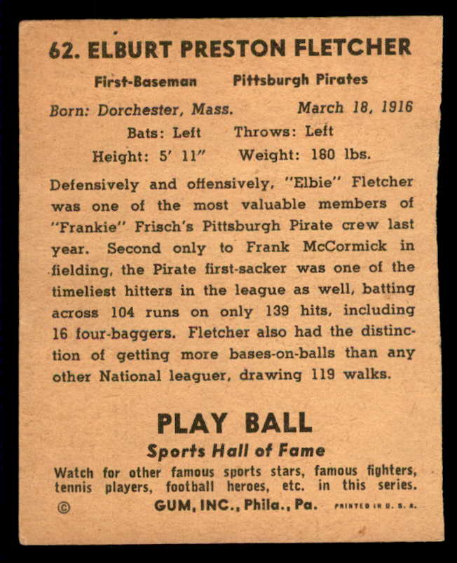 1941 Play Ball #062 Elbie Fletcher Pirates Good trimmed 559521
