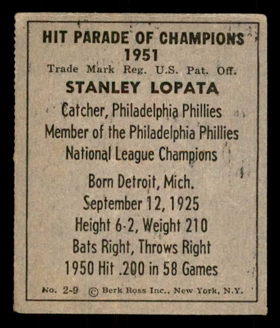 1951 Berk Ross #002-9 Stan Lopata Phillies EX 559645