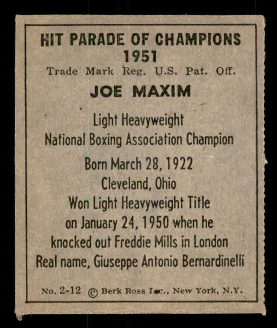 1951 Berk Ross #002-12 Joe Maxim Boxer EX 559646