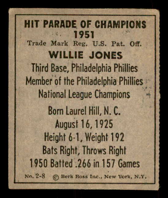 1951 Berk Ross #002-8 Willie Jones Phillies VG-EX 559659