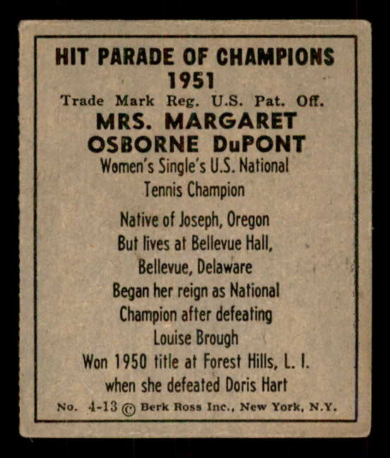 1951 Berk Ross #004-13 Margaret Dupont Tennis VG-EX 559664