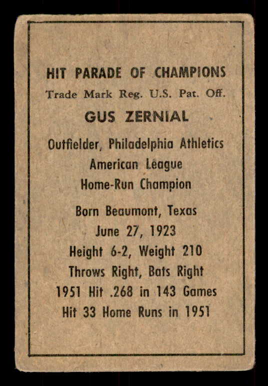 1952 Berk Ross Gus Zernial A's VG 559673