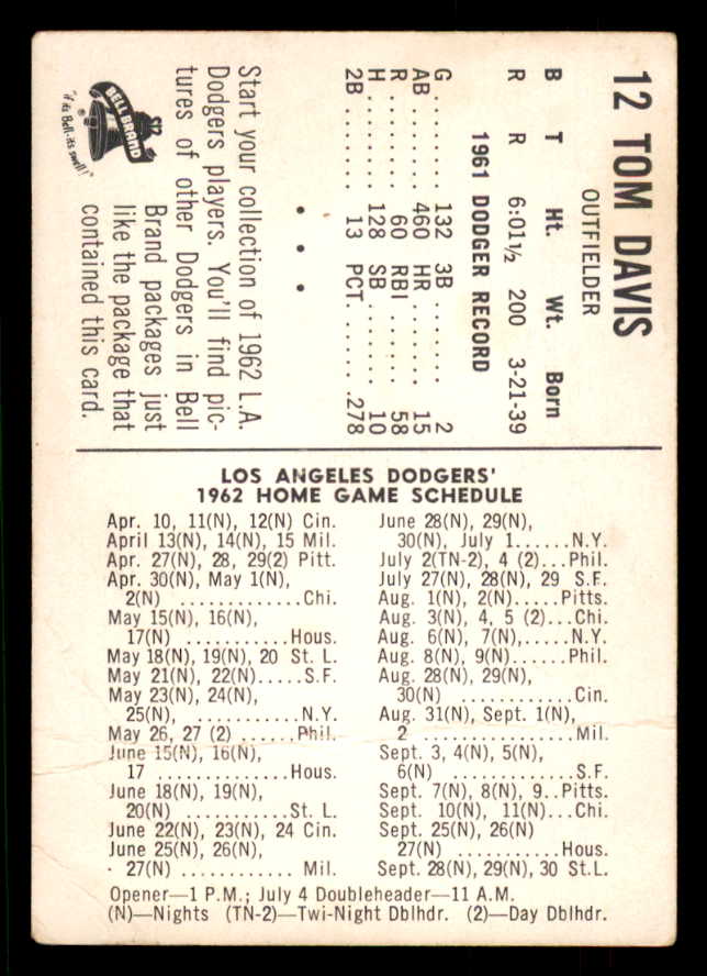 1962 Bell Brand #012 Tommy Davis Dodgers FR-GD 559692