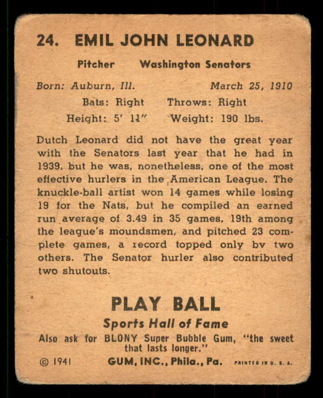 1941 Play Ball #024 Dutch Leonard Senators GD-VG/VG 559697