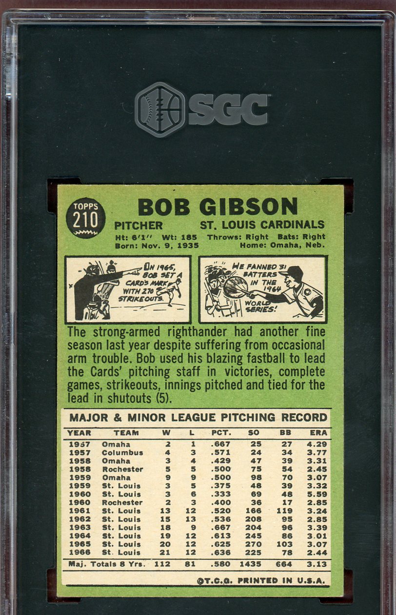 1967 Topps Baseball #210 Bob Gibson Cardinals SGC 6 EX-MT 560599