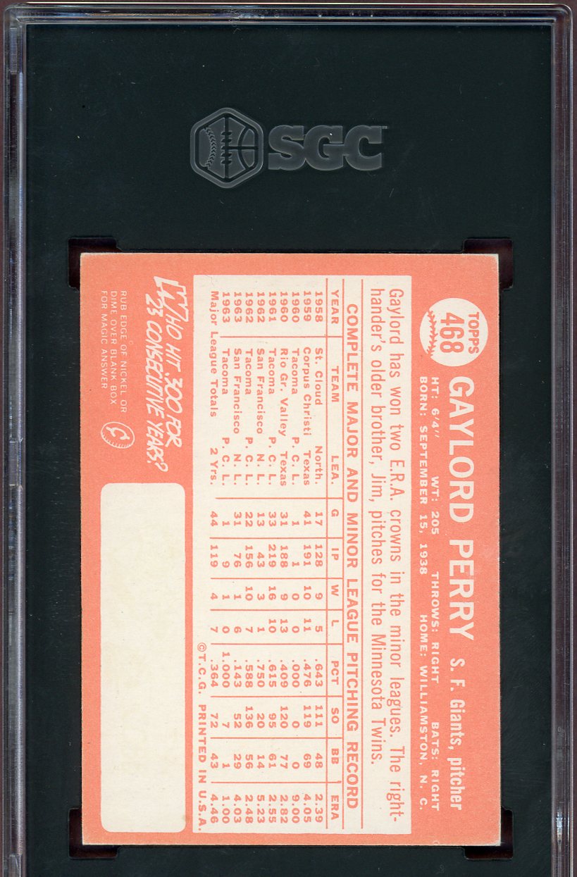 1964 Topps Baseball #468 Gaylord Perry Giants SGC 7 NM 560619