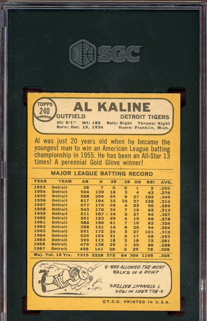 1968 Topps Baseball #240 Al Kaline Tigers SGC 7.5 NM+ 560671