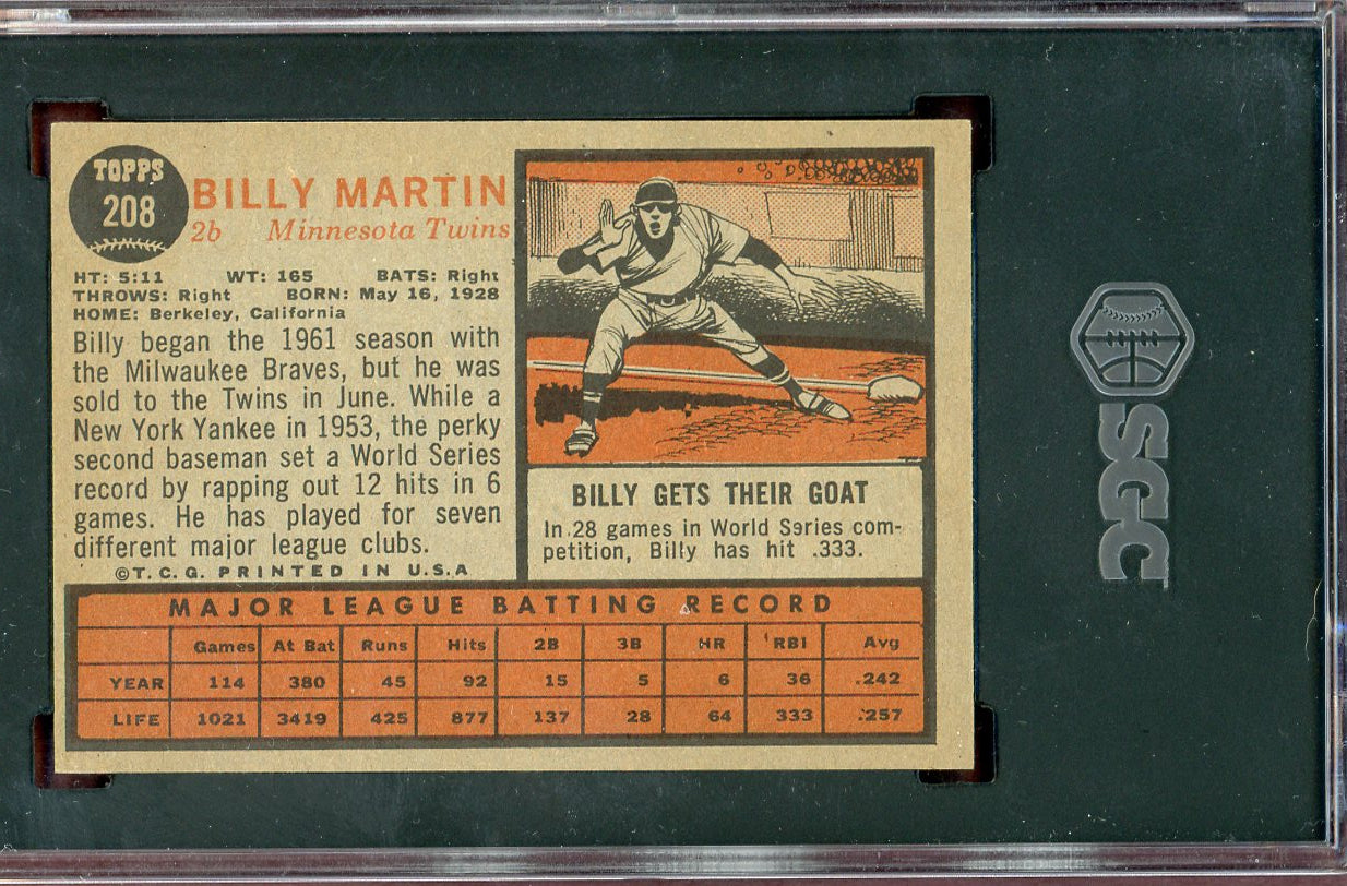 1962 Topps Baseball #208 Billy Martin Twins SGC 6.5 EX-MT+ 560735