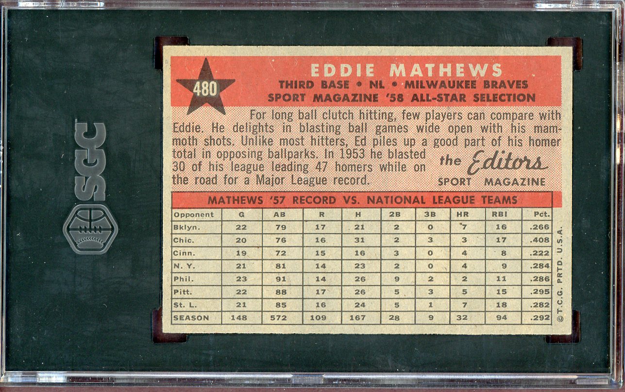 1958 Topps Baseball #480 Eddie Mathews A.S. Braves SGC 6.5 EX-MT+ 560757