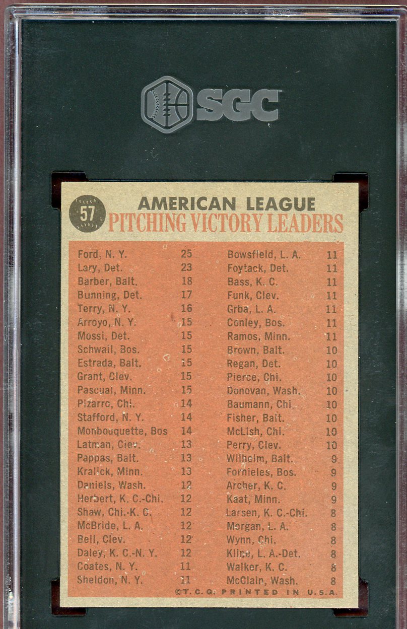 1962 Topps Baseball #057 A.L. Win Leaders Whitey Ford SGC 7 NM 560767