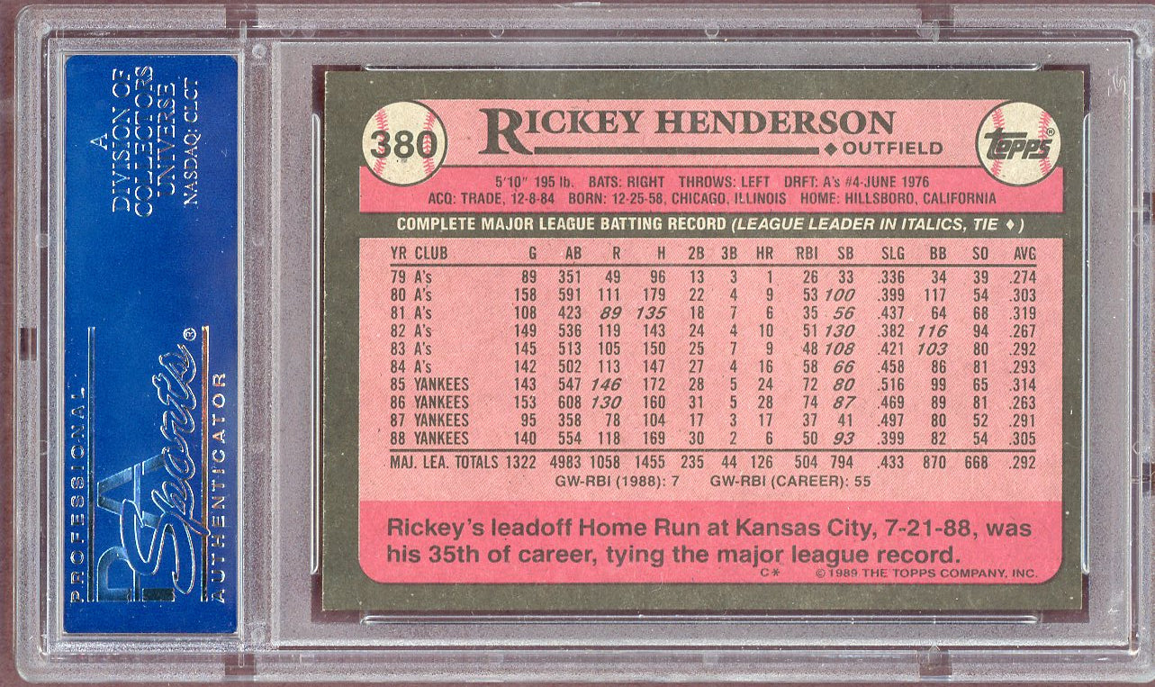 1989 Topps #380 Rickey Henderson Yankees PSA 9 MINT 560865