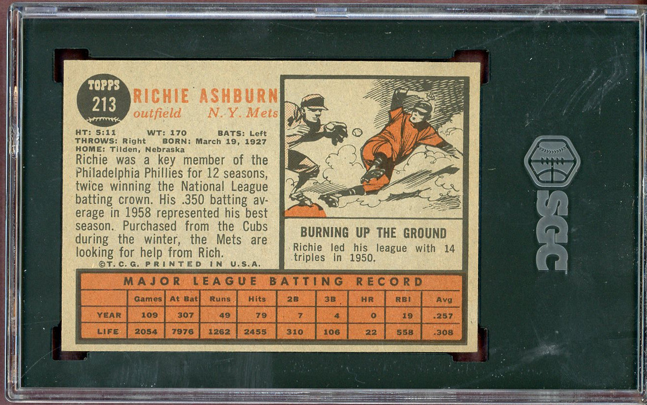 1962 Topps Baseball #213 Richie Ashburn Mets SGC 7 NM 560889
