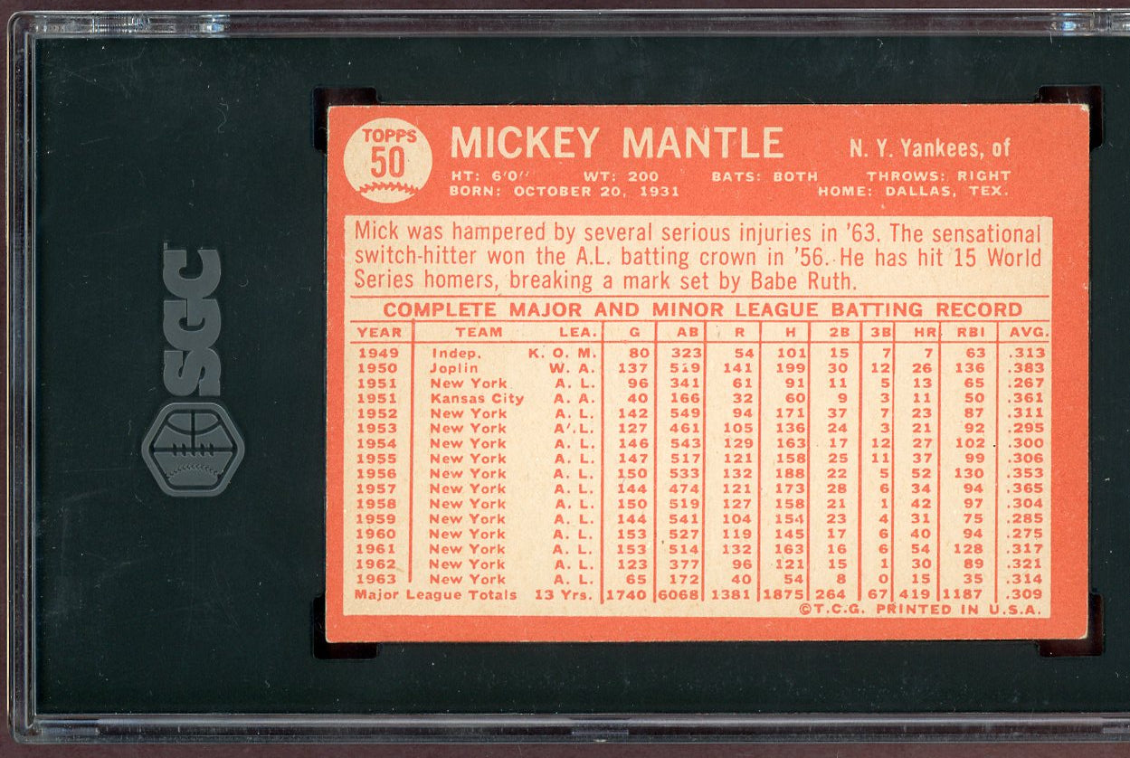 1964 Topps Baseball #050 Mickey Mantle Yankees SGC 5.5 EX+ 560987
