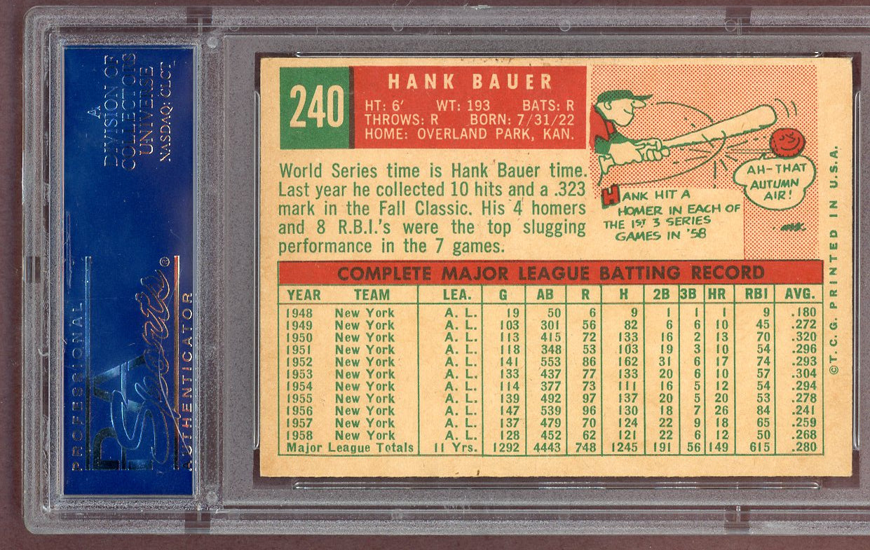 1959 Topps Baseball #240 Hank Bauer Yankees PSA 5 EX 561107