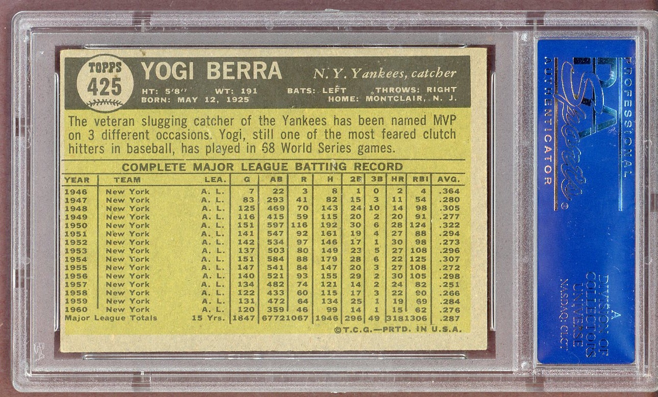 1961 Topps Baseball #425 Yogi Berra Yankees PSA 5 EX mc 561122