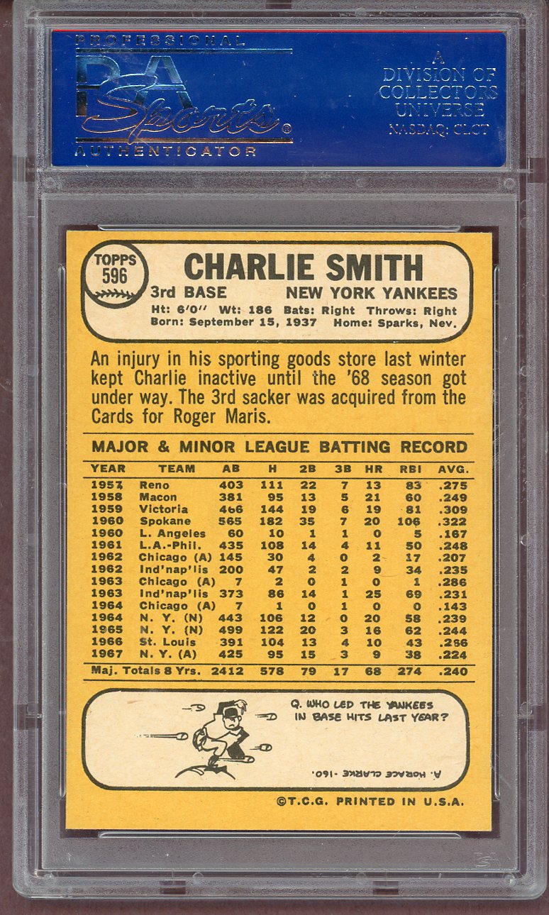 1968 Topps Baseball #596 Charlie Smith Yankees PSA 8 NM/MT 561201